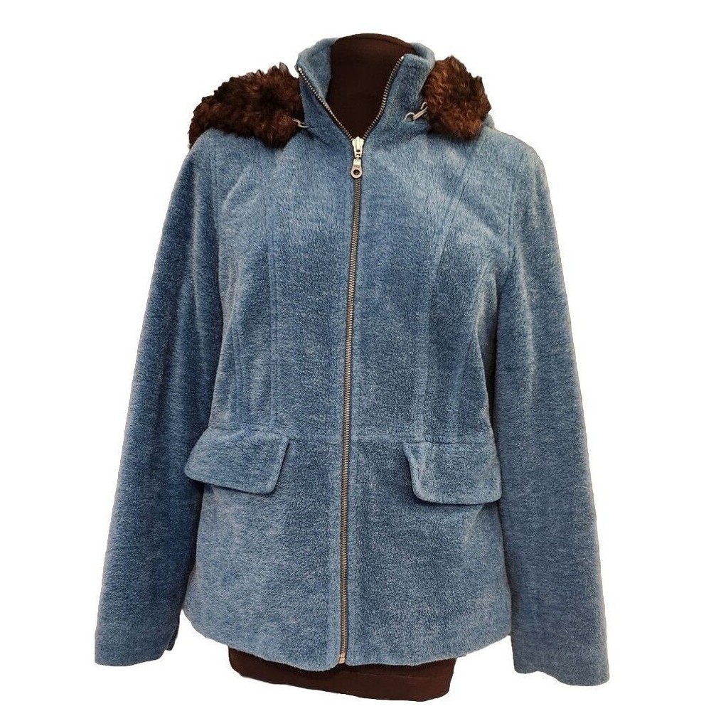 LL Bean Jacket Womens PS Teal Blue Wool Blend Button Up‎ Hooded Coat Zip Off Fur
